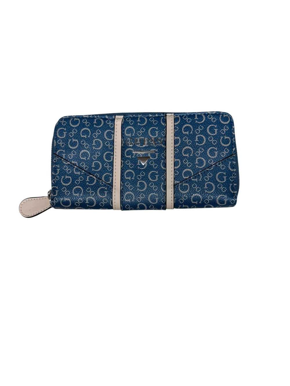 GUESS Nichols Logo Slim Zip-Around Wallet in Blue with Tan Accents